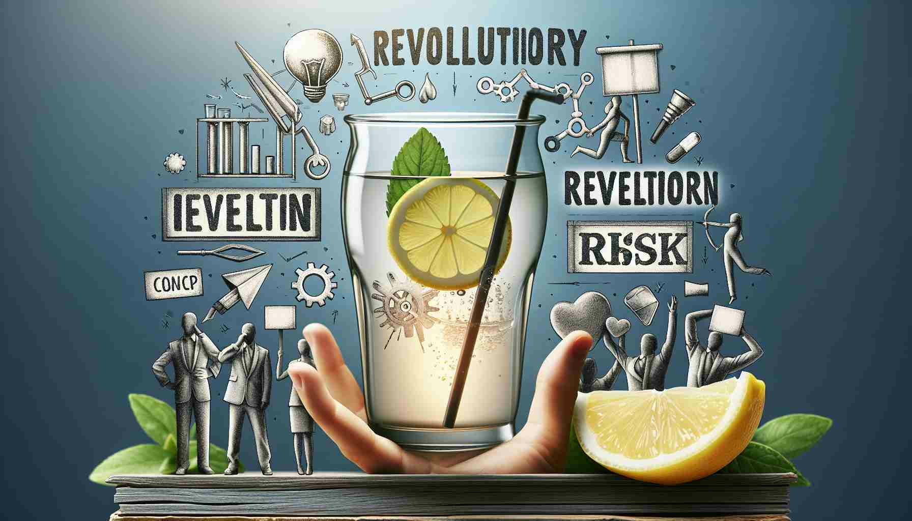Create a realistic, high-definition concept image that visually represents the 'hidden challenges' associated with the idea of 'revolutionary' or 'risky'. Incorporate elements that are symbolic of both 'revolution' and 'risk'. Highlight these concepts using a visual metaphor of 'lemonade', suggesting both the sweetness of success and the potential sourness of defeat.