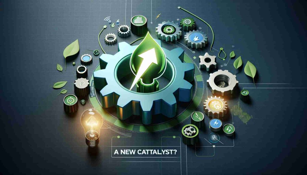 Realistic high definition concept image of 'A New Catalyst?' representing the energy market. Highlight symbolic elements like a rising arrow, a gear symbolizing innovation, and a lightning bolt representing energy. Use tones of the company's logo colors - green and blue.