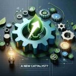 Realistic high definition concept image of 'A New Catalyst?' representing the energy market. Highlight symbolic elements like a rising arrow, a gear symbolizing innovation, and a lightning bolt representing energy. Use tones of the company's logo colors - green and blue.