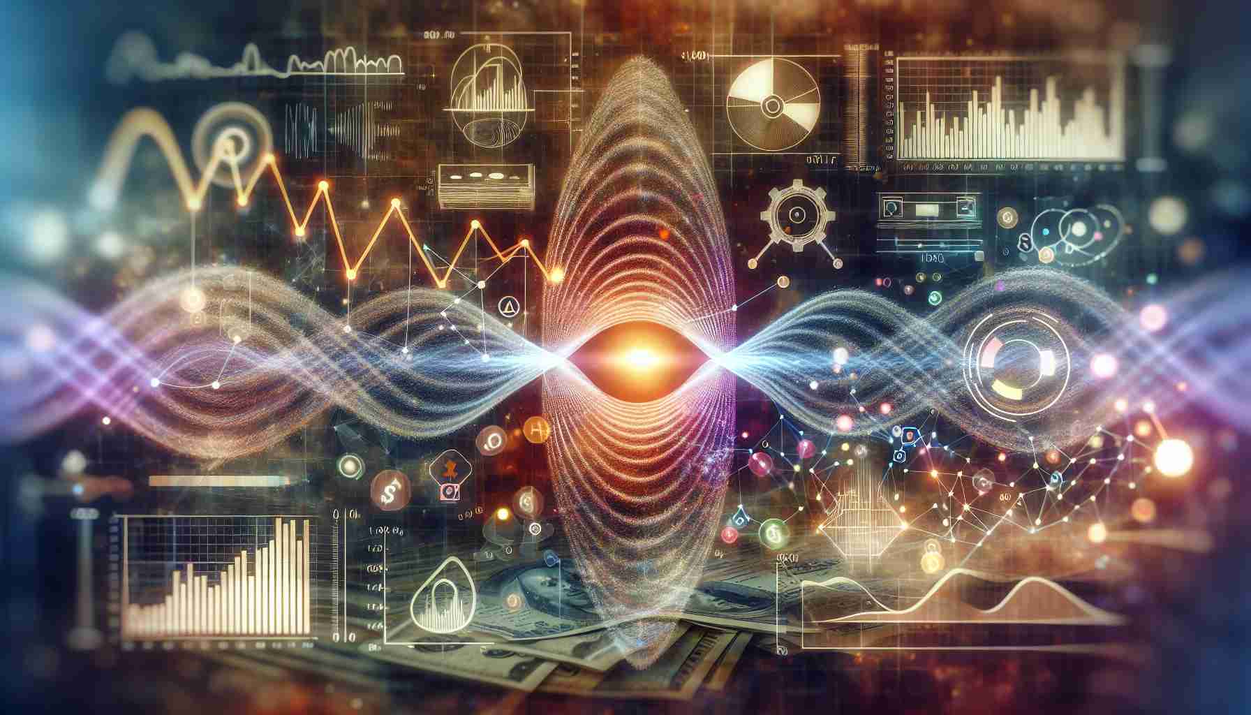 An illustrative, high-definition concept image capturing the intersection of quantum physics and investment. It entails a transition or 'quantum leap' indicating the potential of a company named IonQ to bring about a dramatic change in the field of computing. The scene blends elements of quantum mechanics, such as particles and waveforms, with symbols of investment such as charts, graphs, and money.