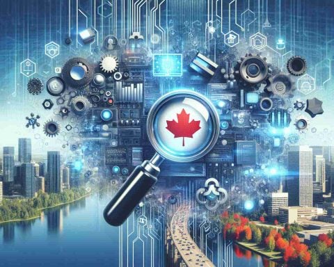 Realistic and high definition image representing the concept 'Is Canada Ready for a Tech Takeover? The Unseen Cost of Innovation.' The image should visually convey how emerging technology influences Canada's society, economy, and landscape. It can include symbols such as digital networks, computer components and Canadian landmarks in the backdrop.