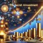 Realistic high-definition image depicting the concept of 'The Secret AI Investment' with graphical representation. The scene should symbolize explosive growth, potentially showing a graph with soaring lines and glowing indication of tremendous progress. Incorporate elements such as golden coins, investment certificates, and futuristic technology depicting artificial intelligence.