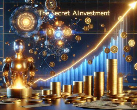 Realistic high-definition image depicting the concept of 'The Secret AI Investment' with graphical representation. The scene should symbolize explosive growth, potentially showing a graph with soaring lines and glowing indication of tremendous progress. Incorporate elements such as golden coins, investment certificates, and futuristic technology depicting artificial intelligence.