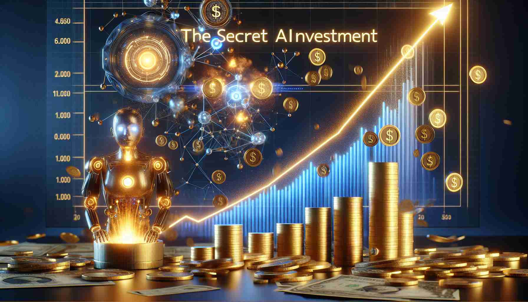 Realistic high-definition image depicting the concept of 'The Secret AI Investment' with graphical representation. The scene should symbolize explosive growth, potentially showing a graph with soaring lines and glowing indication of tremendous progress. Incorporate elements such as golden coins, investment certificates, and futuristic technology depicting artificial intelligence.