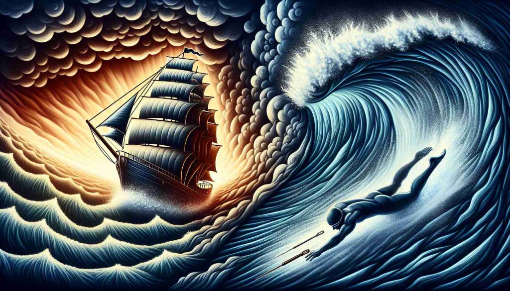 Realistic HD image of an abstract concept. Picture two battling forces represented by symbols: one is a proud ship navigating stormy seas, struggling yet persevering. The other is a powerful swimmer, moving forward against the current with determination. Let these be metaphors for grappling with a significant shift or challenge.