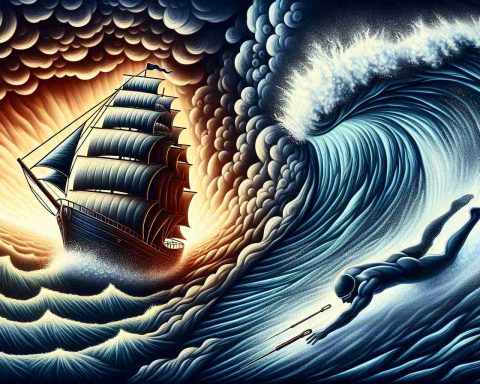 Realistic HD image of an abstract concept. Picture two battling forces represented by symbols: one is a proud ship navigating stormy seas, struggling yet persevering. The other is a powerful swimmer, moving forward against the current with determination. Let these be metaphors for grappling with a significant shift or challenge.