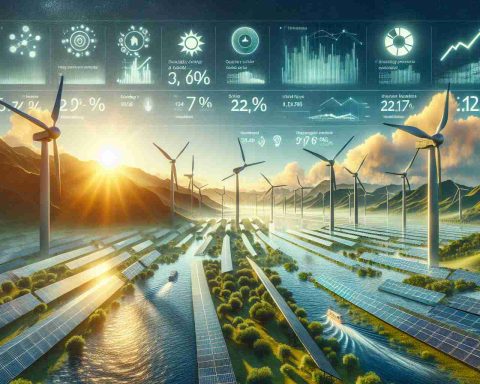 A realistic and high-definition image showcasing a significant boost in green energy. The picture focuses on sunlit vast solar panel fields stretching into the horizon, colossal wind turbines capturing the breeze, and flowing rivers depicting hydropower facilities. The scene gives an impression of a future where millions are powered by sustainable energy sources. In the sky, statistics and infographics reveal the potential of green energy, capturing an increase in usage and the number of people it could power.