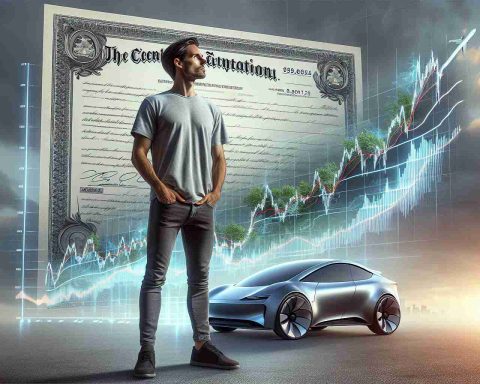 An ultra high-definition image depicting soaring stock charts with the certificate of a company associated with innovative electric vehicles and cutting-edge technology. The CEO, a reputed figure in the tech industry, stands nearby, contemplating the charts. His focused demeanor complements his casual, widely recognized uniforms of a plain grey T-shirt and jeans.