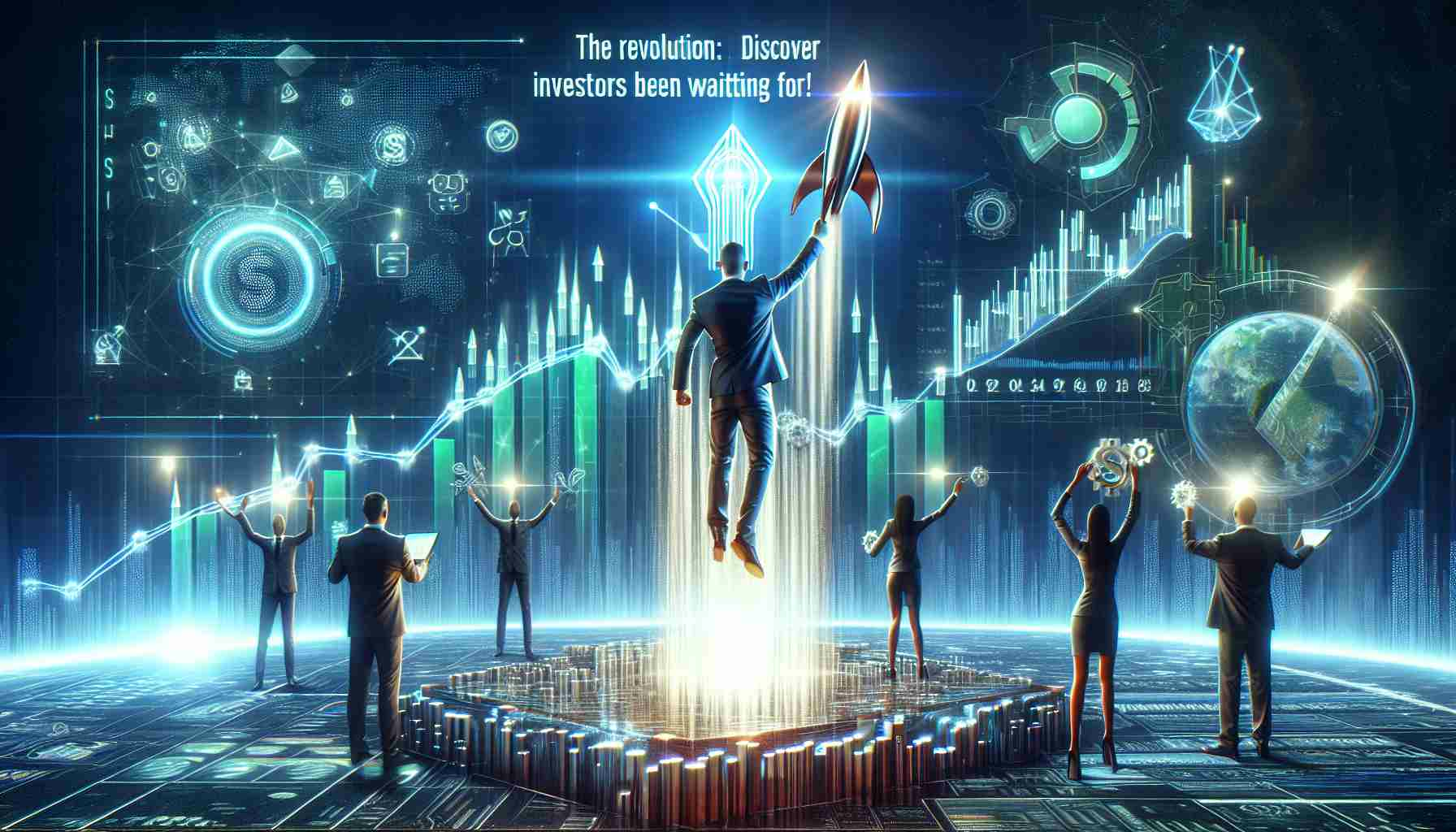 High-definition realistic visual representation of the phrase 'Nne Share: The Revolution Investors Have Been Waiting For! Discover a Game-Changer in the Financial World'. Show the depiction of a symbolic revolution in the form of innovative financial systems, possibly through the visual metaphors involved. The elements may include futuristic financial tools and charts, a triumphant investor from a variety of descents and genders, and a thriving financial world. Keep the style contemporary and depict the excitement and anticipation of a game-changing event.