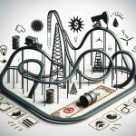 Create an image depicting a realistic HD photo of a roller coaster metaphorically designed to represent the concept of oil trade. The roller coaster should symbolically represent the ups and downs of the oil market, perhaps with sections of track shaped like oil derricks or crude oil barrels. There should be a path nearby the roller coaster, signifying the option to bypass the ride, suggesting the idea of prudence in investments. Additionally, include a hidden clue or symbol that could represent the secret of making wise profit in this context.