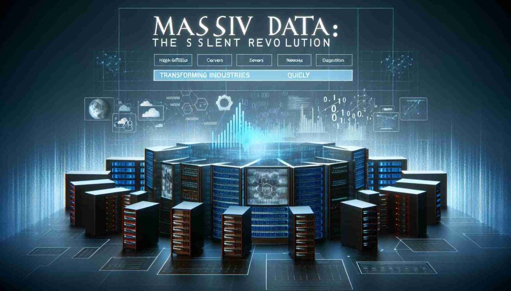 Create a high-definition realistic image illustrating the concept of 'Massive Data: The Silent Revolution,' transforming industries quietly. The image could include visual representations of large quantities of data such as graphs and charts, binary codes, servers, or networks interconnected to signify an industrial revolution driven by data.