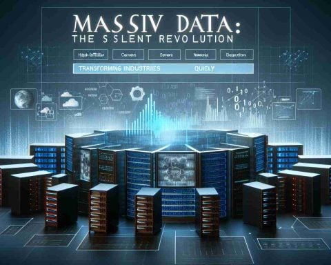 Create a high-definition realistic image illustrating the concept of 'Massive Data: The Silent Revolution,' transforming industries quietly. The image could include visual representations of large quantities of data such as graphs and charts, binary codes, servers, or networks interconnected to signify an industrial revolution driven by data.