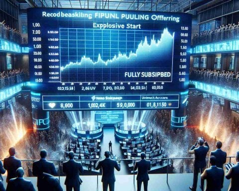 Generate a highly detailed and realistic high-definition image of a record-breaking initial public offering (IPO) event by 'Unimech Aerospace', depicted as an exciting event showcasing explosive start. The scene includes a large digital screen displaying the fully subscribed status in a bustling stock exchange, with traders eagerly watching the live stream and charts showing a steep curve indicating a successful listing.