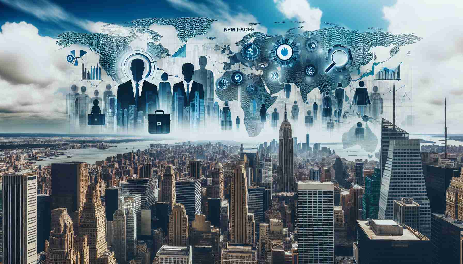 An accurate and high-definition image depicting the important activities in Wall Street associated with Duke Energy. It includes business people, likely high-ranking executives, who represent the 'new faces', and conceptual illustrations symbolizing 'fresh insights'. A significant urban center buzzing with activity is in the backdrop, with the iconic signage of Wall Street visible.