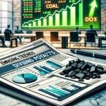An realistically detailed high-definition image drawing, set in a corporate environment. In the foreground, a report titled 'Emerging Trends in Dividend Payouts' is laid out on a marble table. It features pie charts and line graphs indicating a positive trend. In the background, a sign that denotes 'Coal India' is visible, positioned above a stock ticker that displays increasing digits and green upward arrows indicating a surprise for investors.
