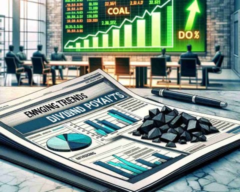 An realistically detailed high-definition image drawing, set in a corporate environment. In the foreground, a report titled 'Emerging Trends in Dividend Payouts' is laid out on a marble table. It features pie charts and line graphs indicating a positive trend. In the background, a sign that denotes 'Coal India' is visible, positioned above a stock ticker that displays increasing digits and green upward arrows indicating a surprise for investors.