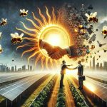 Create a high-definition and realistic visualization showing a symbolic depiction of a new, transformative deal related to solar energy. The scene could include imagery such as solar panels, contracts or agreements, handshake between two corporate people, a rising sun to symbolize a new beginning, and buzzing bees as a metaphor for excited investors. The overall atmosphere should evoke a sense of optimism and major positive change in renewable energy industry.