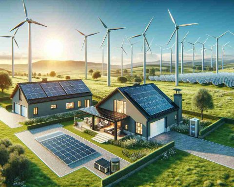 Create a high definition realistic image representing the untapped potential of renewable energy technology. Include a modern household ready for the green revolution, equipped with solar panels, wind turbines, and energy storage systems. Depict a clear sky symbolizing a bright, sustainable future.