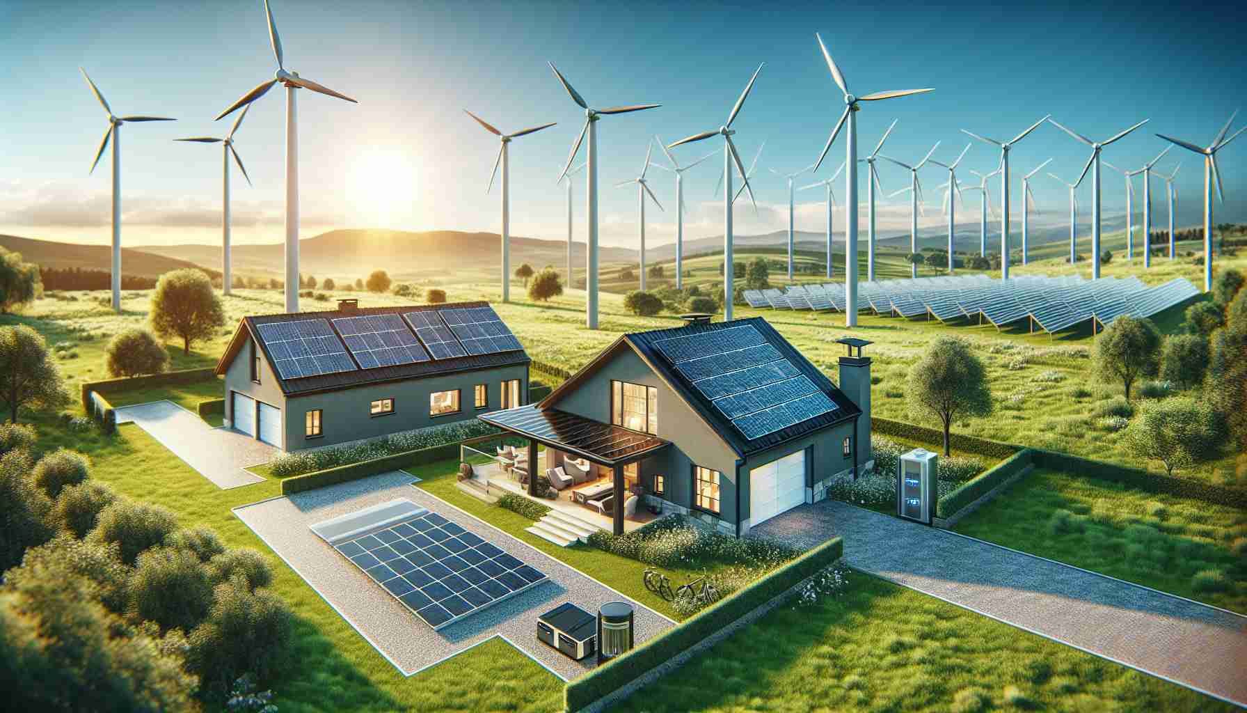 Create a high definition realistic image representing the untapped potential of renewable energy technology. Include a modern household ready for the green revolution, equipped with solar panels, wind turbines, and energy storage systems. Depict a clear sky symbolizing a bright, sustainable future.