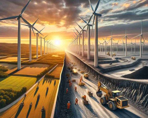 A hyper-realistic, high-definition image representing the unseen aspects of renewable energy growth. The image features a broad, rural landscape filled with wind turbines against the backdrop of a setting sun, casting elongated shadows on the ground. In contrast, a nearby mining quarry can be seen, symbolizing the resource extraction necessary for the production of these turbines. Included are workers of various descents, such as Middle-Eastern and Hispanic, wearing safety gear and operating heavy machinery. A divide between the idyllic rural scene and the industrial one conveys the dichotomy of renewable energy's progress.