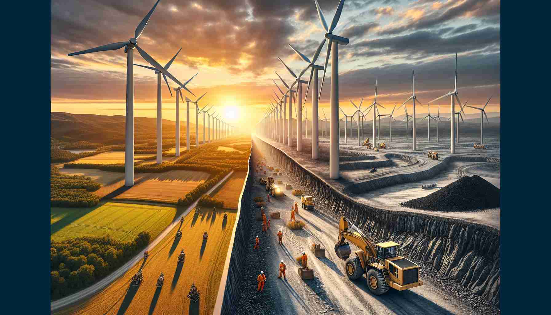 A hyper-realistic, high-definition image representing the unseen aspects of renewable energy growth. The image features a broad, rural landscape filled with wind turbines against the backdrop of a setting sun, casting elongated shadows on the ground. In contrast, a nearby mining quarry can be seen, symbolizing the resource extraction necessary for the production of these turbines. Included are workers of various descents, such as Middle-Eastern and Hispanic, wearing safety gear and operating heavy machinery. A divide between the idyllic rural scene and the industrial one conveys the dichotomy of renewable energy's progress.