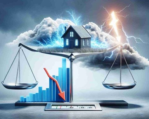 Generate a realistic, high-definition image that visualizes the concept of a giant metaphorical powerhouse labeled 'C3.ai'being evaluated for its value. This powerhouse should be on a balance scale, suggesting an overprice evaluation. Accompany this with a lightening bolt symbolizing a shock, and a descending arrow indicating a downgrade. The image should also depict an abstract representation of concern, perhaps shown by stormy clouds gathering in the background.