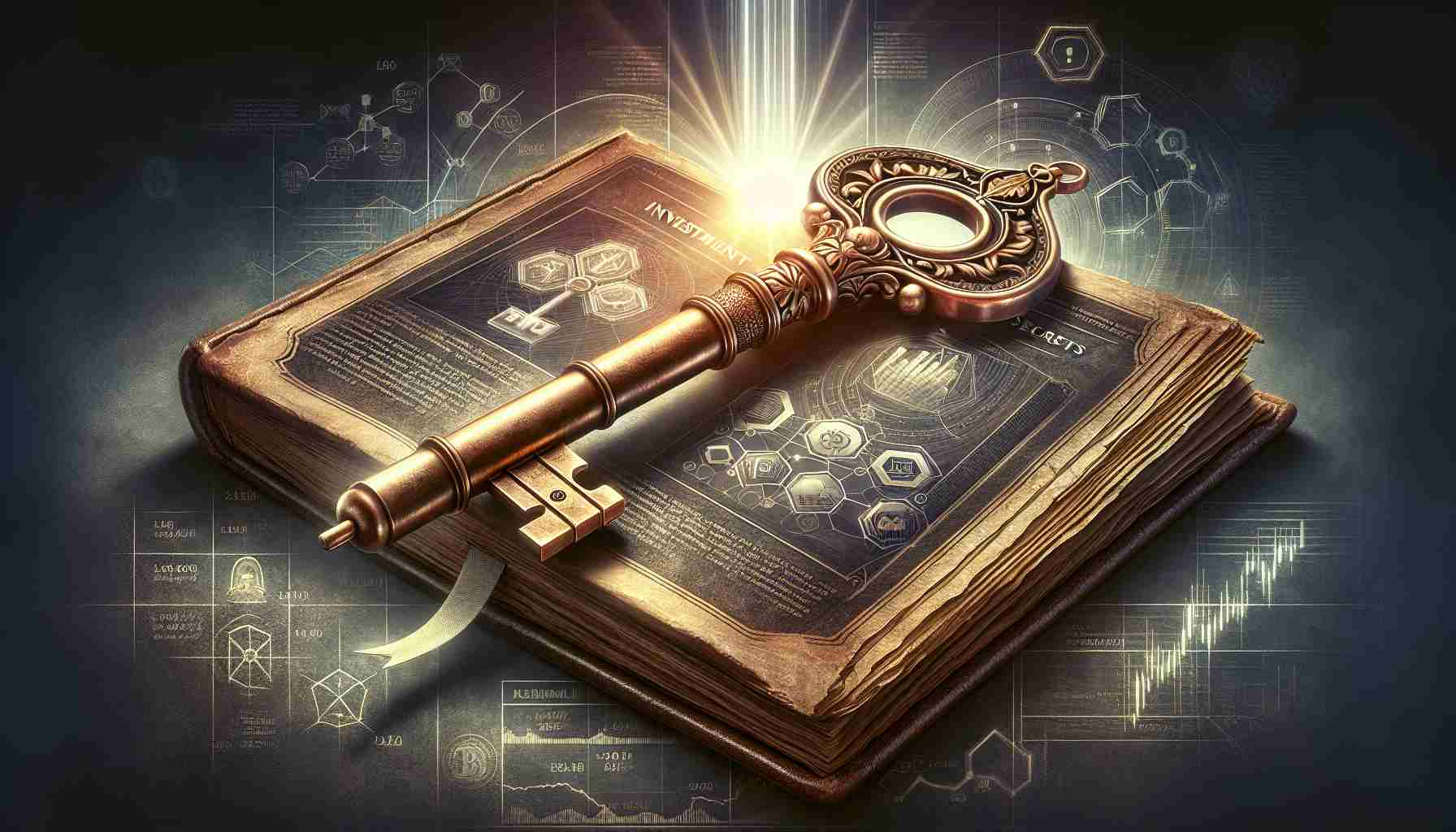 Realistic, high-definition artwork of a conceptual representation of unlocking the secrets of investment success. Picture a large, antique golden key with intricate details resting on a book titled 'Investment Secrets'. This old book should have a worn leather cover, and it is opened to a page depicting various investment strategies graphically. On the background, visualize a bright light emanating from the book, symbolizing newfound knowledge. Ensure to incorporate elements that suggest uniqueness and modernity like innovative graphs, infographics and crypto symbols.