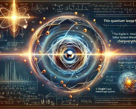 A realistic, high-definition illustration depicting the concept of a quantum leap, referencing the theme of groundbreaking advancements in quantum physics. The scene may include a stylised quantum particle making a leap between energy states, surrounded by depiction of scientific equations and diagrams indicative of quantum physics. Complement the illustration with explanatory elements inspired by popular presentations of scientific breakthroughs - such as emerging light rays, a detailed caption or title saying 'This Quantum Leap Changes Everything', and a subtler 'Google's Latest Breakthrough Explained' text.