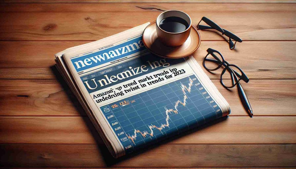 High-definition illustration of a newspaper headline about the stock market with a focus on Amazon's unforeseen twist in trends for 2023. The newspaper lays on a wooden table accompanied by a coffee cup and reading glasses. The headline hints at intriguing market trends to look out for, coupled with a small, detailed chart tracking Amazon's stock performance.