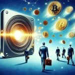 Generate a realistic HD image symbolizing major activity in the cryptocurrency market: large-scale investors are gravitating towards a popular cryptocurrency exchange platform. The image should feature elements representative of institutional investors such as briefcases or business suits, alongside symbols of the cryptocurrency market like coins with currency symbols embossed on them spinning or bouncing. For the exchange platform, visualize it as a large, shining beacon or magnet, attracting these elements towards itself.