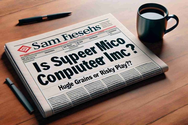 Generate a high-definition, realistic image of a newspaper headline questioning 'Is Super Micro Computer Inc. Stock the Next Tech Giant to Watch? Huge Gains or Risky Play?'. The newspaper should lay on a wooden table with a cup of coffee next to it.