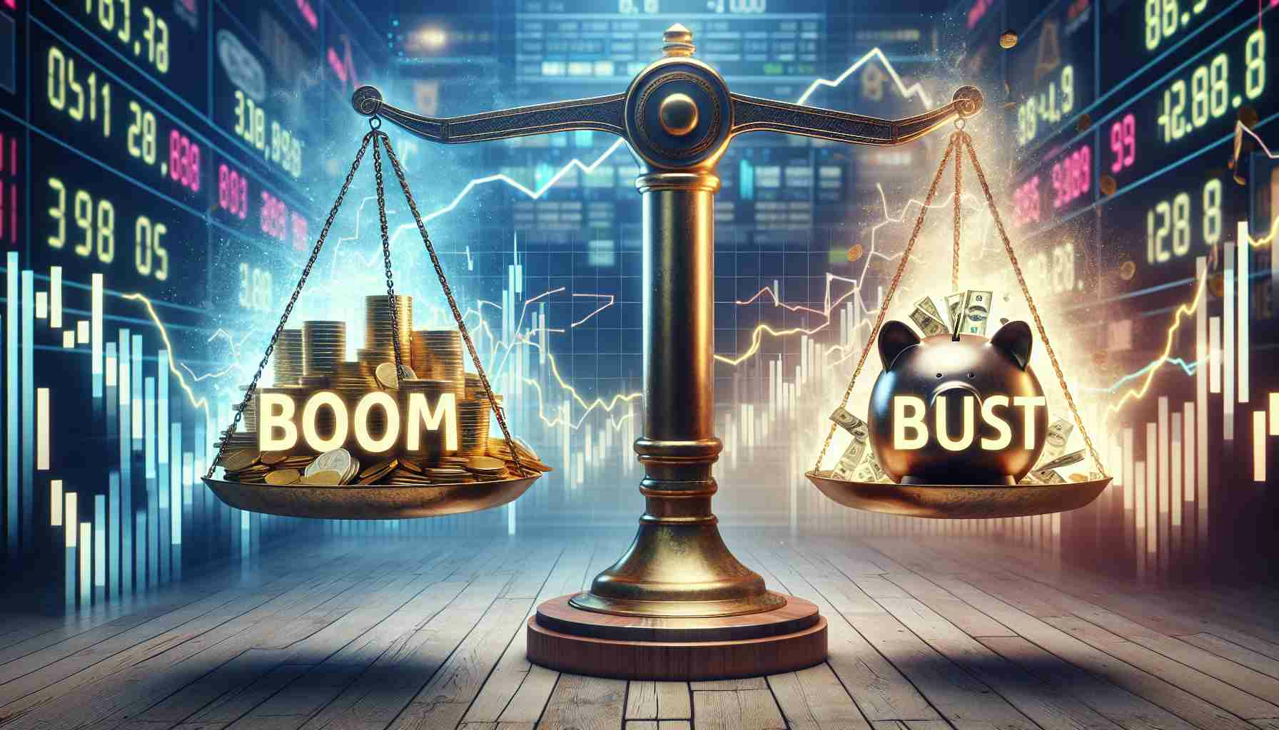 A high-definition, realistic image portraying the concept of uncertainty in the future of a tech company's stocks. Depict a scale with one side indicating 'Boom', filled with gold coins, representing growth and profitability, while the other side indicates 'Bust', empty, or with a broken piggy bank, symbolizing loss or failure. The background context should be a bustling stock market with graphs, charts, and numbers fluctuating.