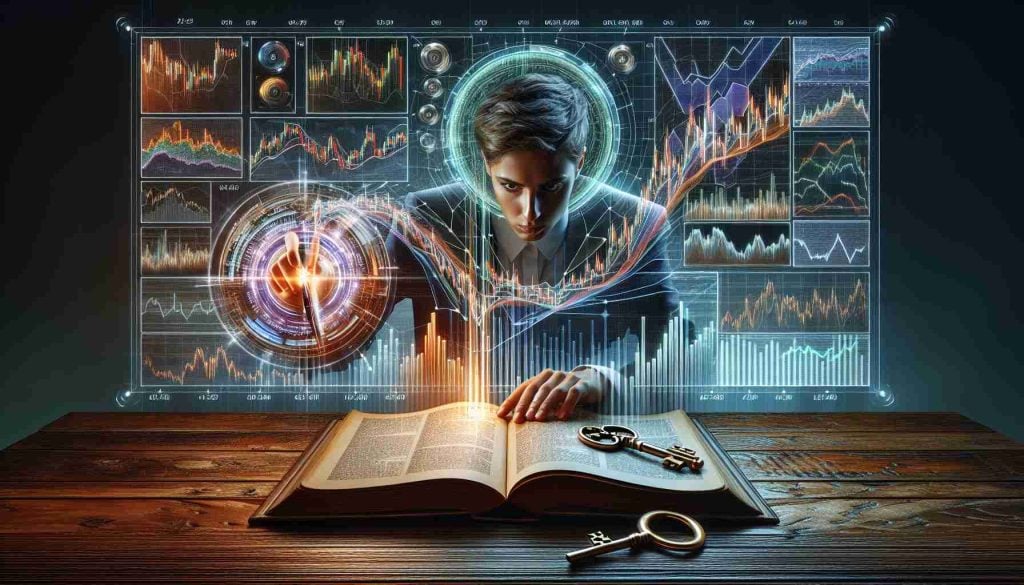 A high-definition, realistic image of a person studying chart techniques on a glowing holographic screen. Various advanced diagrams, such as candlestick charts and volume histograms are displayed in vivid color, each intricately detailed and demonstrating market trends. The person has an intense look of concentration, suggesting they are working to unlock the secrets of these charts and discover hidden market insights. Adjacent to them, a book is open on a gleaming, varnished wooden desk, its title 'Unlocking Secret Chart Techniques' visible. A shiny key is placed on the book, symbolizing the unlocking of knowledge.