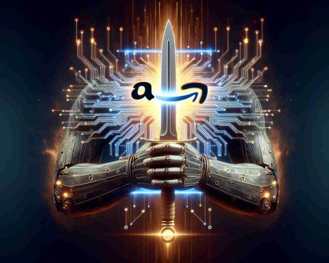 Generate a hyper-realistic high-definition image of a physical depiction of the concept of Amazon's AI as a double-edged sword. This should visually represent the dual nature of AI technology - powerful yet potentially dangerous. The overall aura of the image should be one of discovery and intrigue about AI's impact.