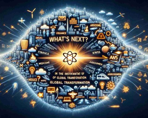 An image that embodies the concept of a 'Quantum Leap' in technology, with the symbol of AWS sparking the initiation of global transformation. Depict numerous industries like finance, medicine, agriculture, and entertainment each showing indications of innovative changes. Overarching question that captures the suspense of the future- 'What's Next for Industries?' in bold, attention-grabbing letters.