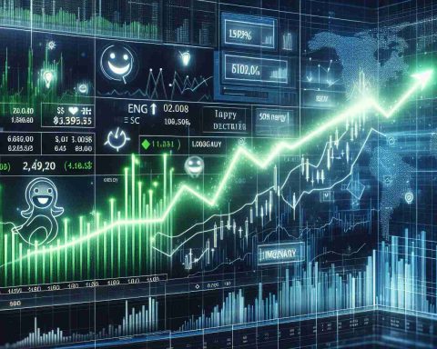 A highly detailed representation of a stock market rally, focusing on imaginary energy company shares. The image should depict a digital stock market display, with green upward trending graphs symbolizing a surge amidst a backdrop of market uncertainty. The graph lines should reflect happy traders, exemplifying high market confidence. Include elements such as stock tickers, numerical data, area indicators, and candlestick charts to showcase the energy's company triumph.