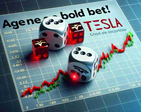 Generate a realistic HD photo representing 'A Bold Bet!'. The image should depict a metaphor of financial risk, for example, a pair of dice on a stock market chart showing an upward trend. The word 'Tesla' could be subtly featured in the chart as a representation of a specific company without any direct association. Please refrain from showing any recognizable logos or any specific entities.