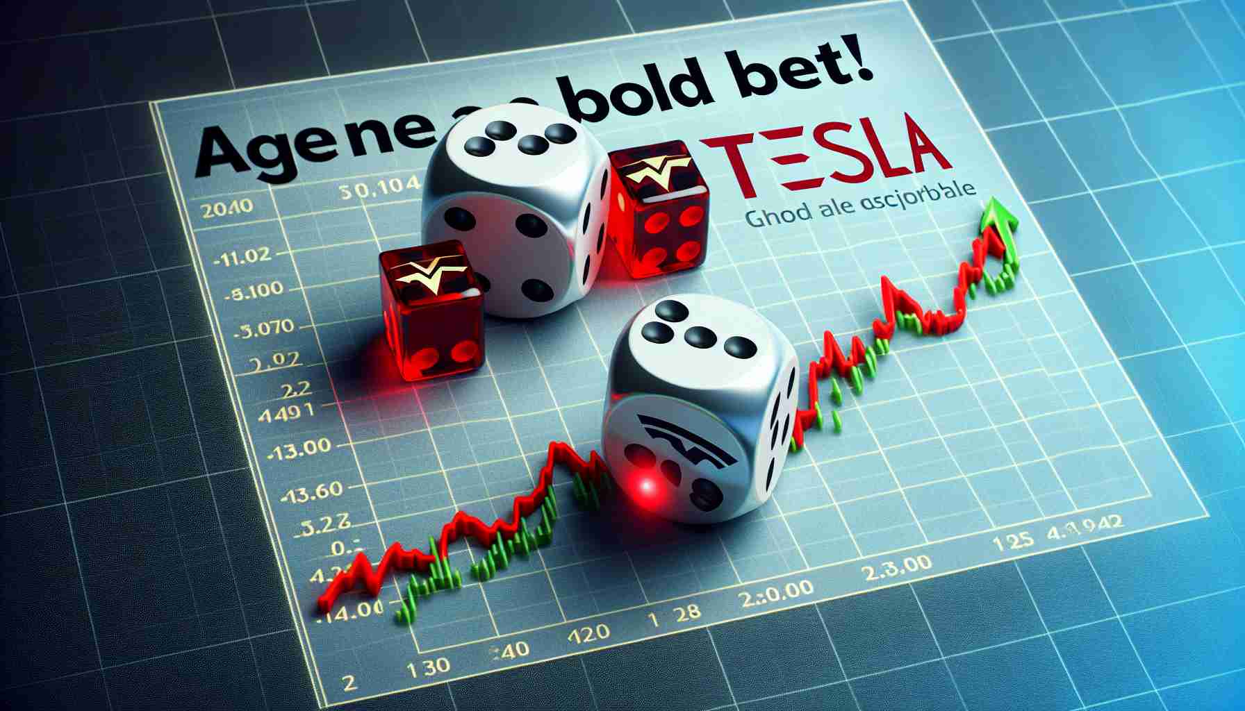 Generate a realistic HD photo representing 'A Bold Bet!'. The image should depict a metaphor of financial risk, for example, a pair of dice on a stock market chart showing an upward trend. The word 'Tesla' could be subtly featured in the chart as a representation of a specific company without any direct association. Please refrain from showing any recognizable logos or any specific entities.