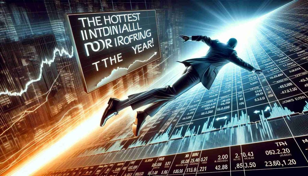 Realistic high-definition image depicting a significant financial event with the title 'The Hottest Initial Public Offering of the Year!'. The visualization shows a symbolic representation of a finance company named 'DAM Capital' taking a large, bold leap, illustrating its dynamic and ambitious move in the stock market.