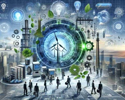 A detailed and highly realistic image, described in HD quality, showcasing the idea of the 'Clean Power Pivot' within the technology industry. This pivotal shift marking a new era is represented symbolically with elements such as renewable energy sources, advanced technology devices, a diverse team of innovative individuals working together, and elements of change and evolution. The scene may include elements such as a sustainable city in the backdrop, futuristic tech devices, energy-efficient solutions, with a dynamic and transformative vibe. Key hues should include blue and green symbolizing technology and environmental sustainability.