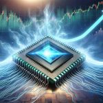 Create a high-definition, realistic image representing the concept of a major advancement in quantum computing. The picture could depict a quantum computer chip soaring into the sky, surrounded by energy waves to symbolize its leap forward. A financial graph in the background could also rise sharply to symbolize the company's surging stocks. Please include the words 'Quantum Leap Forward!' in a bold, modern font within the image.