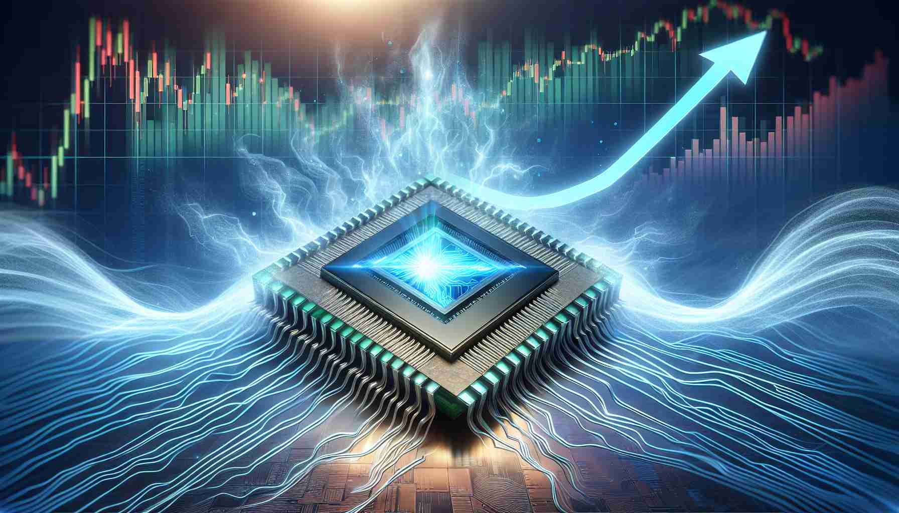 Create a high-definition, realistic image representing the concept of a major advancement in quantum computing. The picture could depict a quantum computer chip soaring into the sky, surrounded by energy waves to symbolize its leap forward. A financial graph in the background could also rise sharply to symbolize the company's surging stocks. Please include the words 'Quantum Leap Forward!' in a bold, modern font within the image.