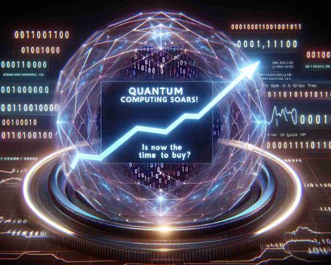 Generate a detailed and realistic HD image showcasing quantum computing portrayed as physically soaring. Include binary codes around it, symbolizing its advancement. It also should illustrate a rising trend graph that indicates the potential investment opportunity in quantum computing. Text to be included 'Quantum Computing Soars! Is Now the Time to Buy?'