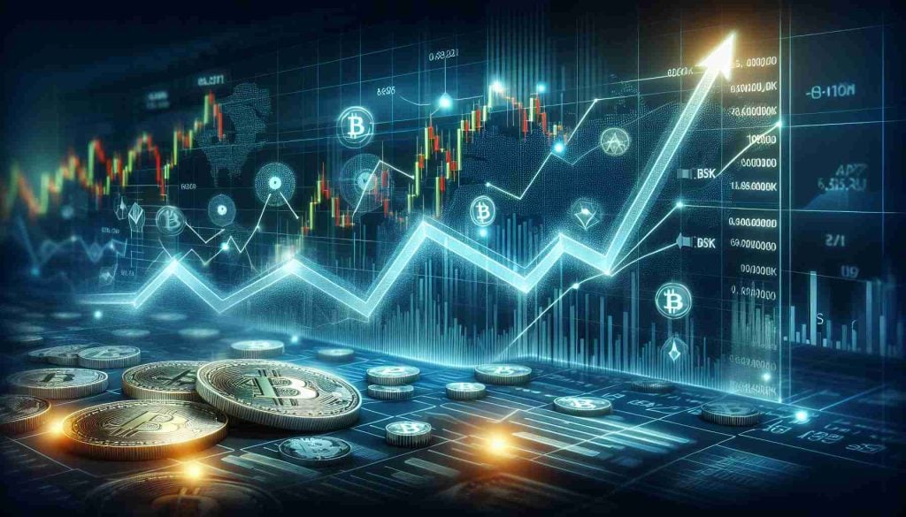 Realistic HD illustration of a surge in digital cryptocurrency exchange activity, representing increased trading volume during after-hours. The image should depict graphs showing a steep rise, symbolizing the significant jump, and abstract symbols like arrows, coins and lines to represent the volatile nature of cryptocurrency markets.