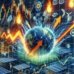 A detailed and realistic high definition depiction of the metaphorical surge in stock due to new energy projects. Capture the display of stock market data charts with upward trend arrows and graphics, intertwined with symbols of renewable energy such as solar panels, wind turbines and electric batteries. Show intense buzz, activity and excitement around the market, possibly with abstract representations of heat and electricity to signify the heating up of market buzz.