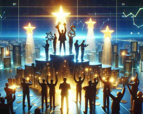 Render an image that realistically illustrates a startup triumphing. Portray a significant investment event with symbolic luminescence shining brightly. The scene should be high definition and radiant, showcasing the excitement, success, and optimism of the startup environment.