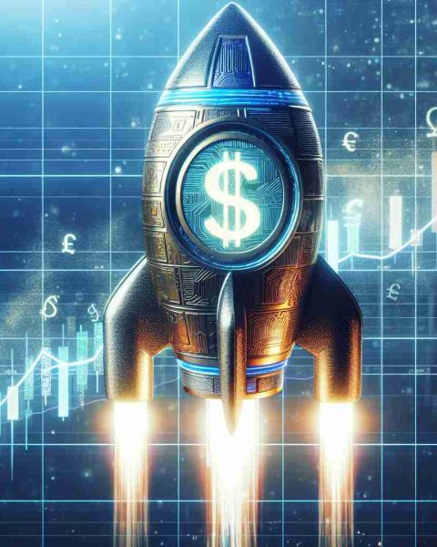 Generate a high-resolution, realistic image of futuristic rockets with currency symbols etched onto them, intended to symbolize financial technology. To add further context, incorporate a chart indicating a major upturn, suggesting a significant enhancement in fortune brought about by the inclusion in a prominent stock market index.