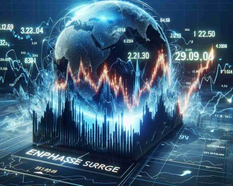 A high-definition, realistic depiction of a stock price volatility graph, portrayed with the label 'Enphase Surge'. The graph includes dramatic up and down movements to highlight the uncertainty and fluctuations in the stock markets today.