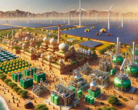 A realistic, high-definition image showcasing massive investment in sustainable energy in Rajasthan. The scene features extensive fields of solar panels gleaming under the hot sun, an emblem of the solar projects dominating the landscape. Nearby, green hydrogen plants are a testament to clean energy. They house rows of yellow-green infrastructure, indicative of hydrogen projects, and are buzzing with activity. Workers of various descents and genders, such as Caucasian women and South Asian men, bustling around to maintain the flourishing green technology projects. Incorporate vibrant colors inherent in Rajasthan, bringing life to the arid yet colorful state.