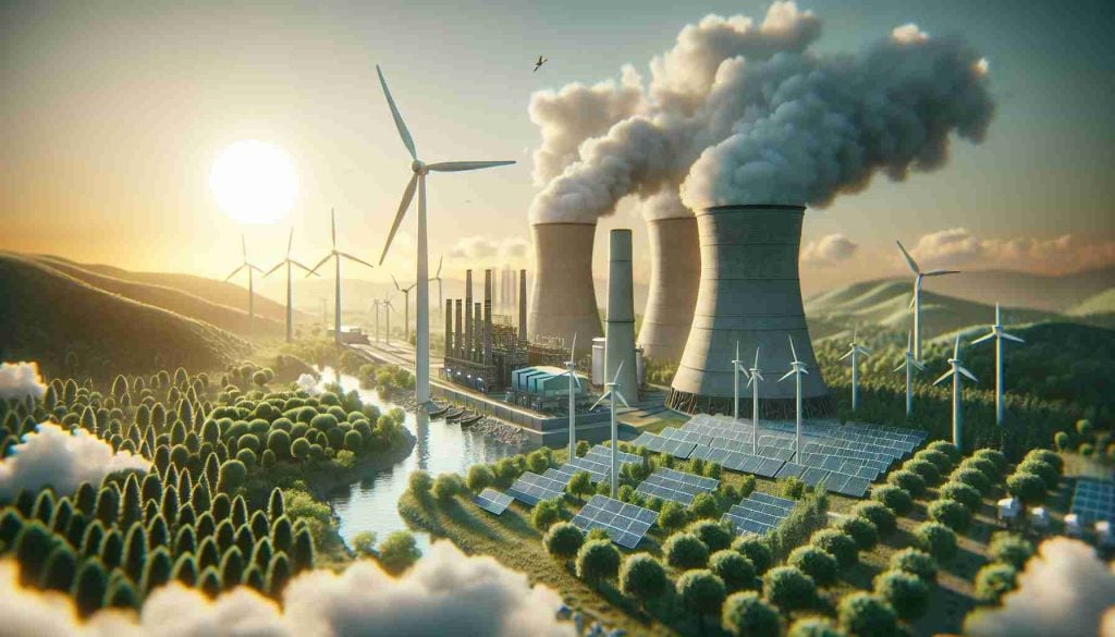 A HD quality realistic image representing the concept of the Green Revolution, focusing on the role a generic energy company plays in promoting renewables. The scene should picture sustainable power sources like wind turbines, solar panels, and hydropower plants. Please also include elements that elucidate the transition from fossil fuels to these cleaner, sustainable options, such as a coal plant slowly being replaced by a wind farm.